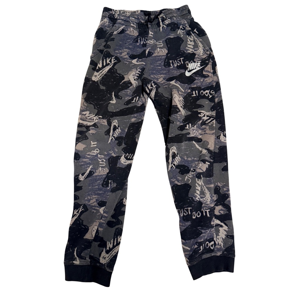Nike Joggers Boys L Black Gray Grafitti Camo Just Do It Logo Fleece Sweatpants